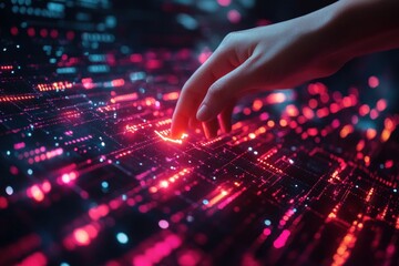 Fingertip interacts vibrant digital data stream