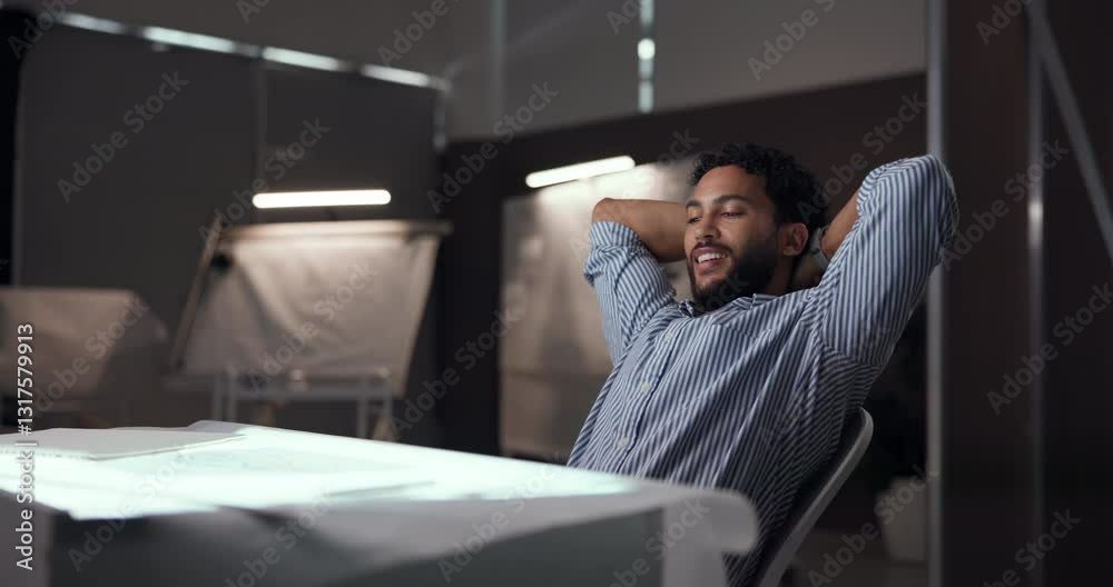Poster office, designer and man rest at night done with tasks, project and drawing for car, vehicle and aut