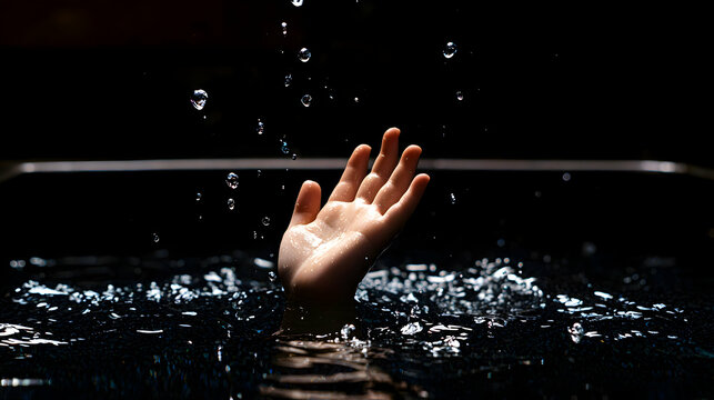 A single hand reaches upwards through rippling water drops - Powered by Adobe