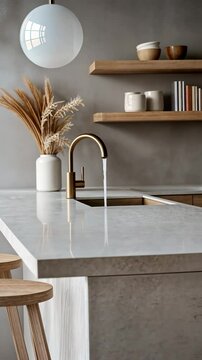 Vertical video of a sleek, minimalist kitchen with wooden stools and modern lighting.