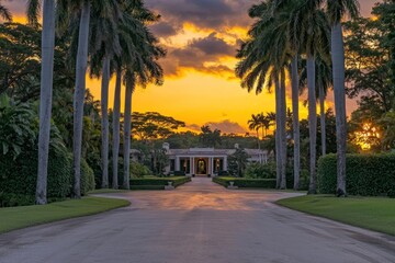 Estate drive lined with palms leads to a grand house at sunset