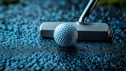 Golf ball near putter, wet surface, dark blue tones