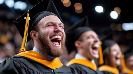 MBA graduates celebrate their achievement in caps and gowns with joy and applause during graduation ceremony