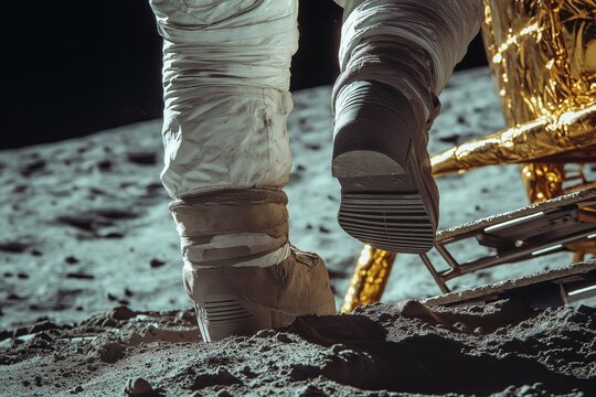 Close-up of Astronaut&rsquo;s First Step from Lunar Module on Moon