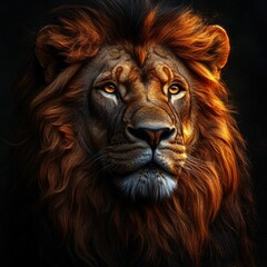 Fototapeta premium Majestic lion portrait, fiery mane, intense gaze.