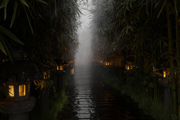 path with wooden boards through bamboo forest with illuminated stone lantern in a rainy day. 3D Rendering