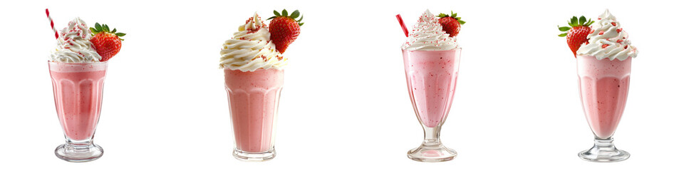 Strawberry milkshake with whipped cream isolated on transparent background. PNG, Set of
