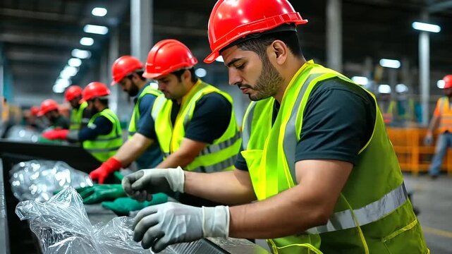 Workers in a recycling facility carefully sort and repurpose materials from manufacturing to support eco-friendly practices.