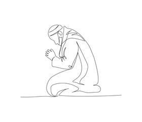Muslim man sitting and praying one line art. Continuous line drawing of online Muslims, Islam, traditions, clothing, folk, oriental.