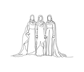 three Arab women in national dress, hijab, himara, chador one line art. Continuous line drawing of online Muslims, Islam, traditions, clothing, folk, oriental.