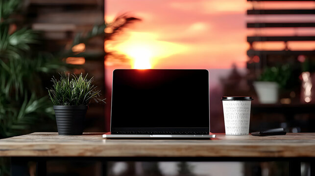 A laptop coffee and plant sit on a wooden table
