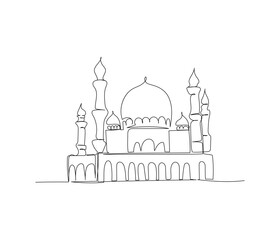Mosque, house of prayer for Muslims, architecture one line art. Continuous line drawing of online Muslims, Islam, traditions, clothing, folk, oriental.