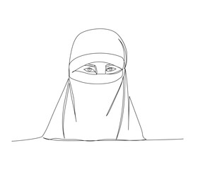 Arab woman in national dress, burqa, veil one line art. Continuous line drawing of online Muslims, Islam, traditions, clothing, folk, oriental.