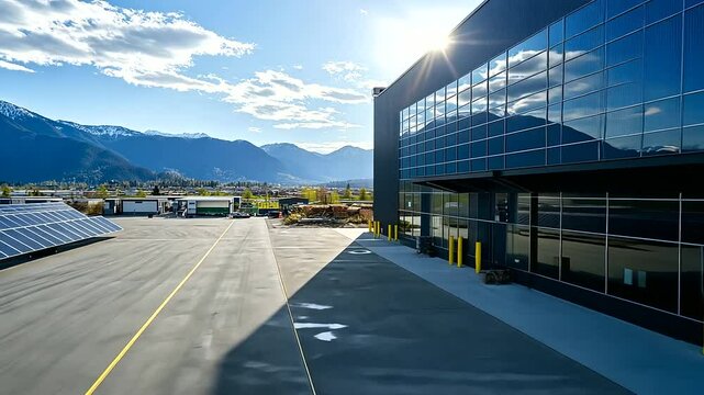 A sustainable warehouse features energy-efficient lighting, solar panels, and waste-reduction systems to minimize environmental impact.