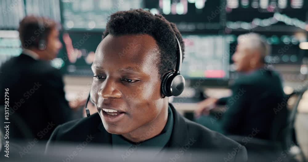 Poster trading broker, computer and man with headset in office for investment advice, market insight or cus