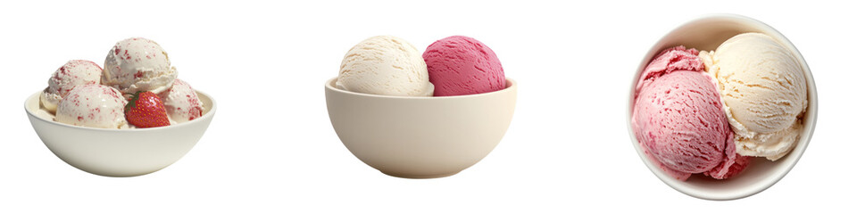 Vanilla strawberry ice cream in a bowl isolated on transparent background. PNG, Set of
