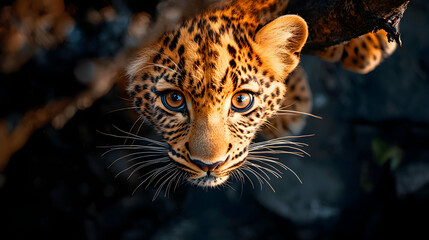 Portrait of a young leopard peering intensely at the camera lens