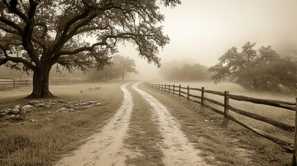 Obraz premium Misty morning country road with fence and oak tree.