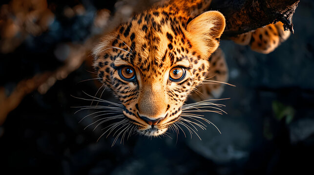 Portrait of a young leopard peering intensely at the camera lens