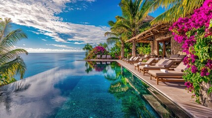 Obraz premium Tropical paradise with infinity pool overlooking ocean, surrounded by nature