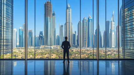Fototapeta premium Contemplative businessman standing near big window looking out at city, thoughtful entrepreneur building future plans, thinking over ways to overcome business problems, pass through crisis, back view