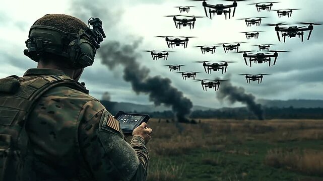 A soldier engages in combat with a handheld drone controller, launching a swarm of drones to provide aerial support on the battlefield.