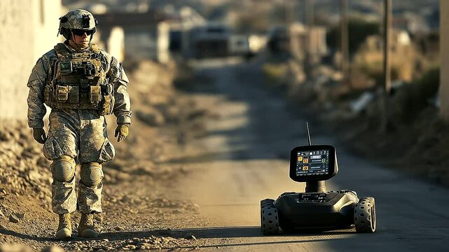 A tactical robot, controlled by a soldier through a handheld device, navigates through a hazardous area to defuse explosives.
