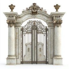 Obraz premium Ornate wrought iron gate with marble columns and decorative archway on white background