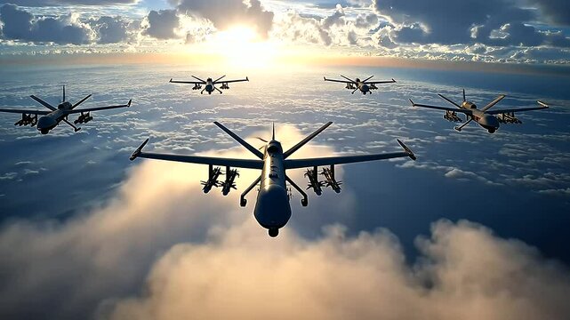 Military drones fly in formation over a battlefield, providing real-time surveillance and intelligence to soldiers on the ground.
