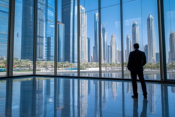 Fototapeta premium Contemplative businessman standing near big window looking out at city, thoughtful entrepreneur building future plans, thinking over ways to overcome business problems, pass through crisis, back view