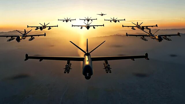 Military drones fly in formation over a battlefield, providing real-time surveillance and intelligence to soldiers on the ground.