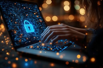 Secure online activity, glowing laptop, digital lock.