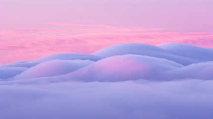 Serene pastel clouds rolling over a tranquil landscape at sunset, creating a dreamy atmosphere