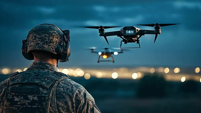 An aerial drone with infrared sensors assists a soldier in spotting hidden enemy positions during a night-time operation.