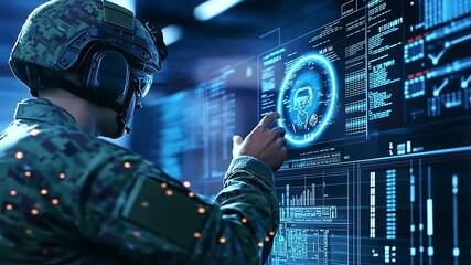 A soldier in a high-tech command center monitors a digital screen, launching a cyber attack to disable enemy communications. - Powered by Adobe
