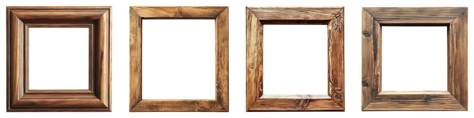 Wooden photo frame isolated on transparent background. PNG, Set of