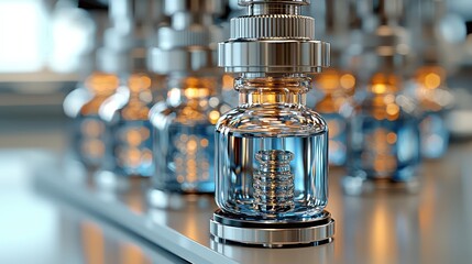 Rows of glass vials with metallic tops containing liquid