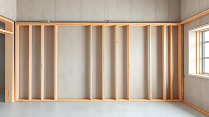 Frame for plasterboard wall, mounted vertical metal and wooden profiles, work in progress of unfinished edifice