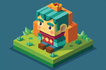 Fototapeta premium A shy, customizable character sits on a patch of grass, adorned with a golden crown and vibrant clothing, Shy Customizable Isometric Illustration