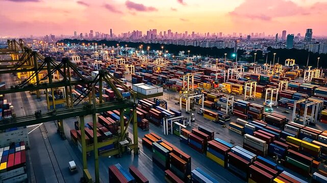A busy container terminal at a seaport, cranes moving containers from ships to trucks for global distribution.