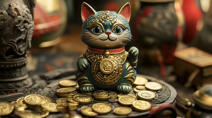 Decorative Cat Figurine Surrounded by Gold Coins and Artifacts