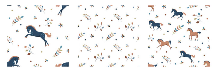 A set of seamless pattern with stylized horses, floral elements, and decorative leaves in earthy tones on a white background