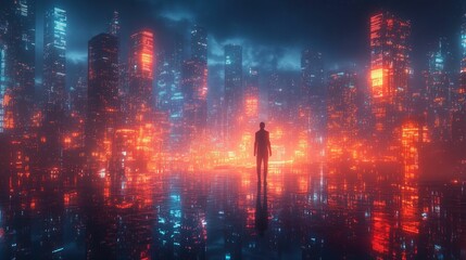 Fototapeta premium Futuristic city skyline reflecting, lone figure contemplates