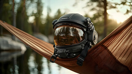 An astronaut helmet rests in a hammock in a natural outdoor setting
