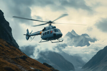 Helicopter soaring above a breathtaking mountain range, engaged in a critical rescue mission amidst dramatic skies and rugged wilderness