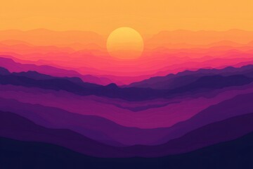 Fototapeta premium Dominating the scene, warm orange, pink, and purple tones create a stunning stylized mountain landscape, capturing the beauty of sunset
