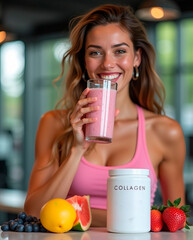 Fit, energetic woman drinking a collagen-infused smoothie post-workout