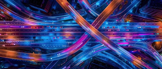 Aerial view of a vibrant city highway interchange at night, showcasing dynamic traffic flow and colorful lights