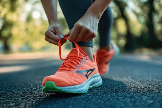 Close up - Running shoes runner woman tying laces sneakers for summer run in the city. Jogging girl exercise motivation health and fitness exercise, lifestyle.
