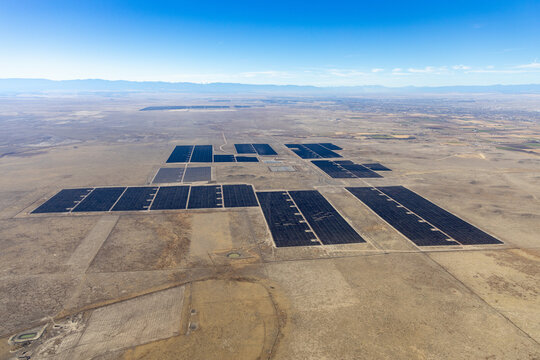 Aerial view of large solar power facility in Colorado, USA.